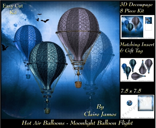 Hot Air Balloons - Moonlight Balloon Flight 2 - 3D Decoupage + Insert & Tag