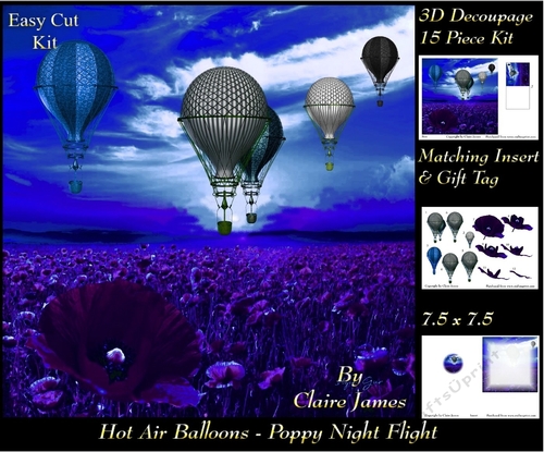 Hot Air Balloons - Poppy Night Flight - 3D Decoupage + Insert & Tag