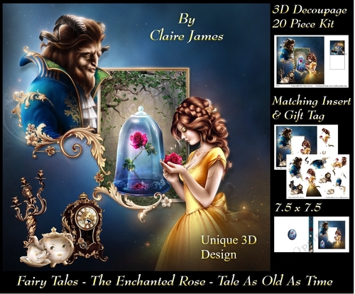 Fairy Tales - The Enchanted Rose - Tale As Old As Time 1 - Special 3D Decoupage + Insert & Tag