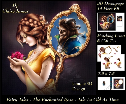 Fairy Tales - The Enchanted Rose - Tale As Old As Time 2 - Special 3D Decoupage + Insert & Tag