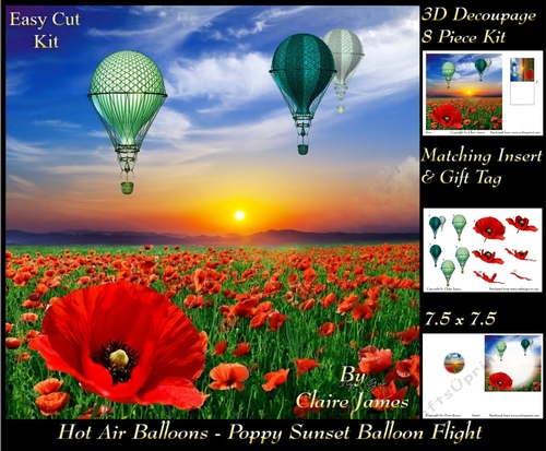 Hot Air Balloons - Poppy Sunset Flight - 3D Decoupage + Insert & Tag