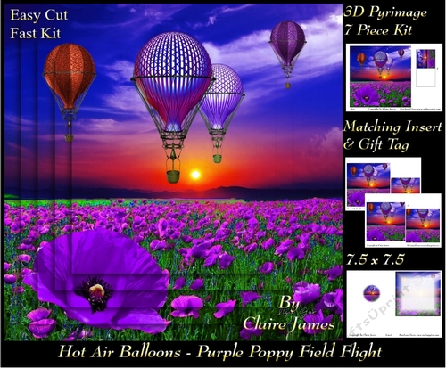 Hot Air Balloons - Purple Poppy Sunset Flight - 3D Decoupage + Insert & Tag