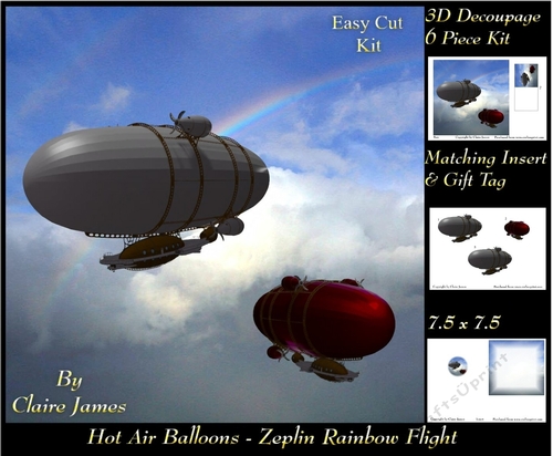 Hot Air Balloons - Zeplin Rainbow Flight - 3D Decoupage + Insert & Tag