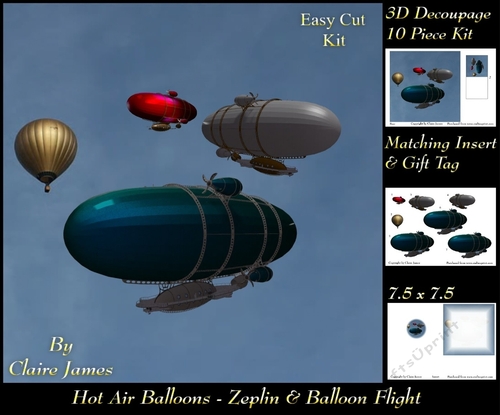 Hot Air Balloons - Zeplin & Balloon Flight - 3D Decoupage + Insert & Tag