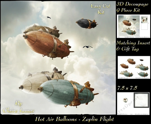 Hot Air Balloons - Zeplin Balloon Flight - 3D Decoupage + Insert & Tag