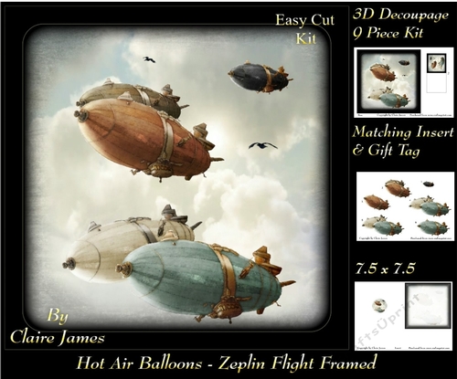 Hot Air Balloons - Zeplin Balloon Flight Framed - 3D Decoupage + Insert & Tag