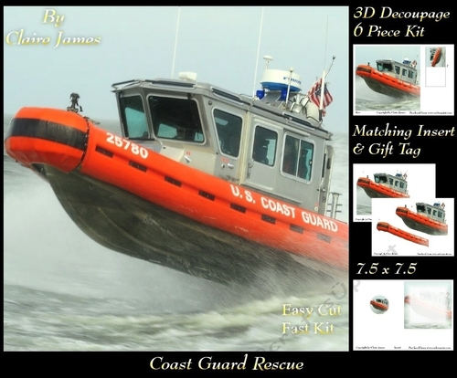Boats - Coast Guard Rescue - 3D Decoupage + Insert & Tag