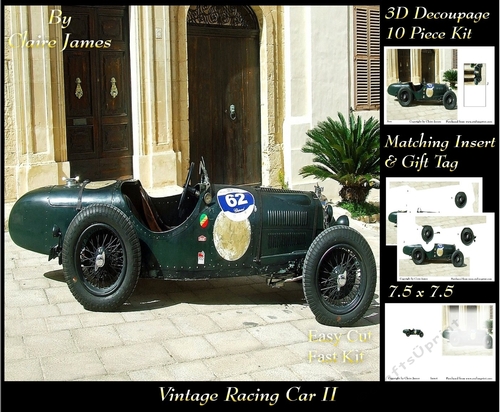 Sport - Vintage Racing Car 2 - 3D Decoupage + Insert & Tag