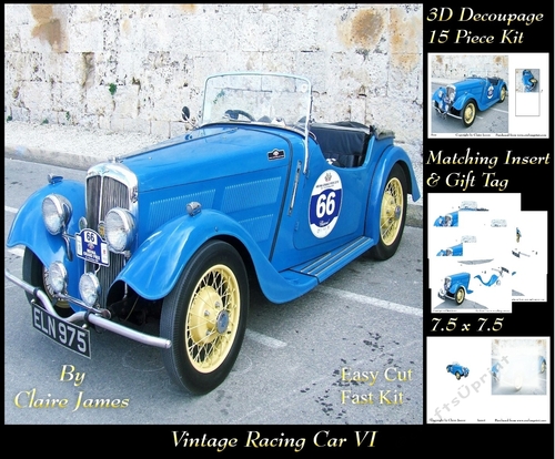 Sport - Vintage Racing Car 6 - 3D Decoupage + Insert & Tag