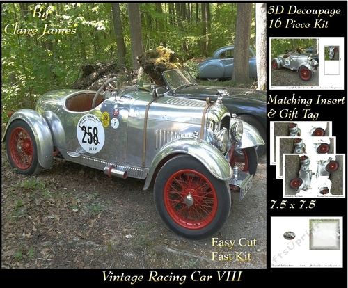 Sport - Vintage Racing Car 8 - 3D Decoupage + Insert & Tag