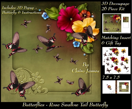 Butterflies - Rose Swallow Tail - Decoupage + Insert & Tag