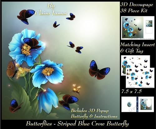 Butterflies - Striped Blue Crow - Decoupage + Insert & Tag