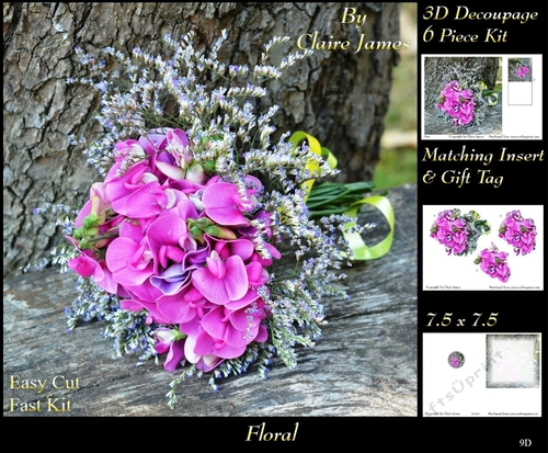 Botanical & Floral - Sweet Pea & Lavindar Posy - 3D Decoupage + Insert & Tag