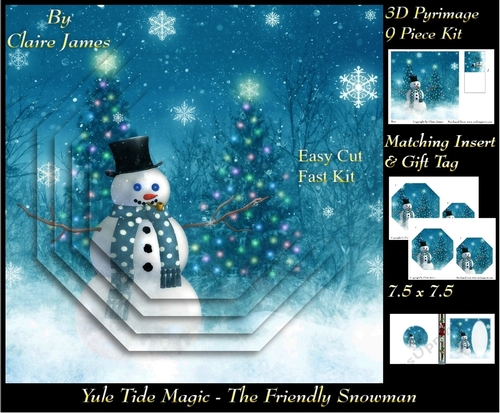 Yule Tide Magic - The Firendly Snowman - 3D Pyramid/pyrimage + Insert & Gift Tag