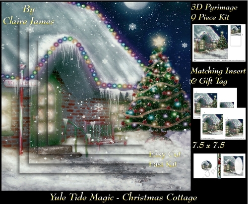 Yule Tide Magic - Christmas Cottage - 3D Pyramid/pyrimage + Insert & Gift Tag