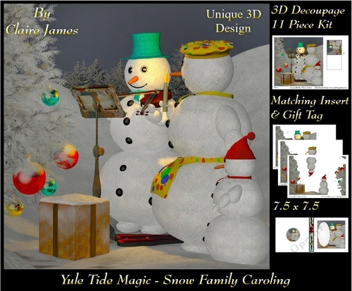 Yule Tide Magic - Snow Family Carolling - 3D Decoupage kit + Insert & Gift Tag