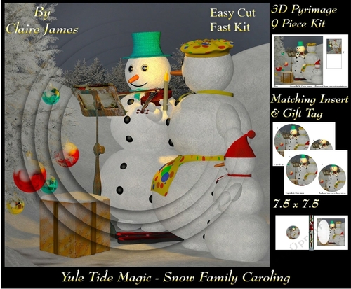 Yule Tide Magic - Snow Family Carolling - 3D Pyramid/pyrimage + Insert & Gift Tag