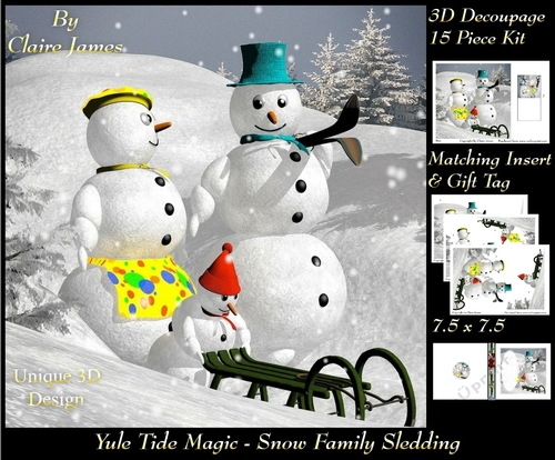 Yule Tide Magic - Snow Family Sledding - 3D Decoupage kit + Insert & Gift Tag