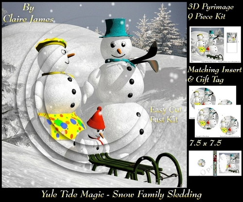 Yule Tide Magic - Snow Family Sledding - 3D Pyramid/pyrimage + Insert & Gift Tag