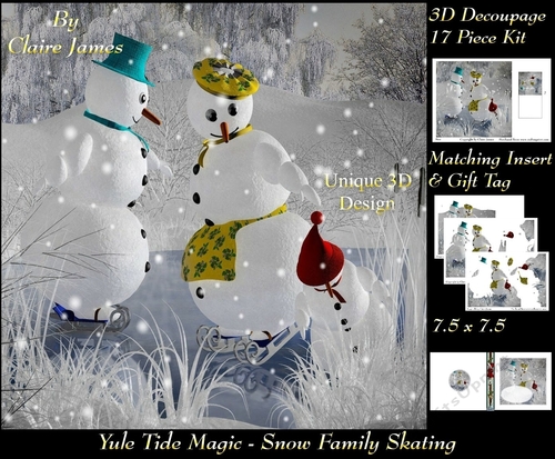 Yule Tide Magic - Snow Family Skating - 3D Decoupage kit + Insert & Gift Tag