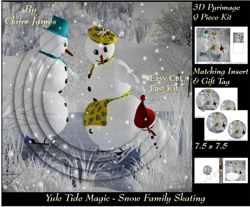 Yule Tide Magic - Snow Family Skating - 3D Pyramid/pyrimage + Insert & Gift Tag