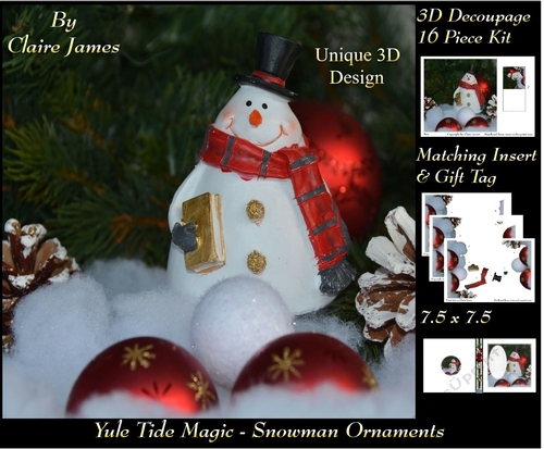 Yule Tide Magic - Snowman Ornaments - 3D Decoupage kit + Insert & Gift Tag