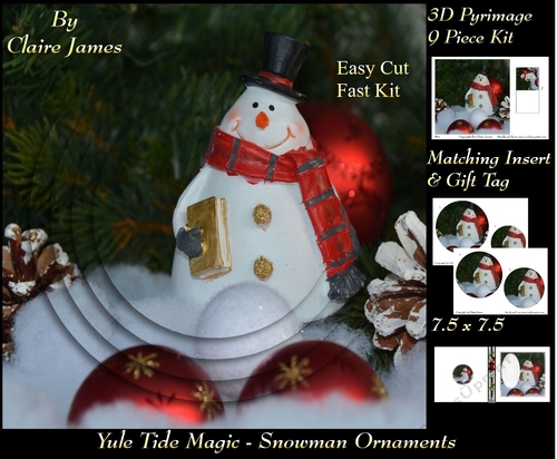 Yule Tide Magic - Snowman Ornaments - 3D Pyramid/pyrimage + Insert & Gift Tag