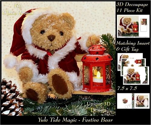 Yule Tide Magic - Festive Bear - 3D Decoupage kit + Insert & Gift Tag