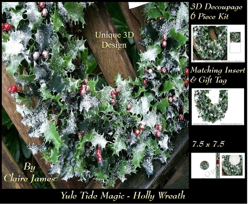 Yule Tide Magic - Holly Wreath - 3D Decoupage kit + Insert & Gift Tag