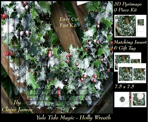 Yule Tide Magic - Holly Wreath - 3D Pyramid/pyrimage + Insert & Gift Tag
