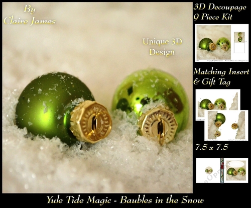 Yule Tide Magic - Baubles In The Snow - 3D Decoupage kit + Insert & Gift Tag