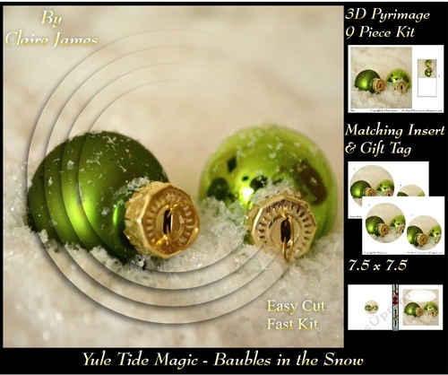 Yule Tide Magic - Baubles In The Snow - 3D Pyramid/pyrimage + Insert & Gift Tag