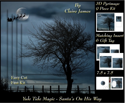 Yule Tide Magic - Santas On His Way - 3D Pyramid/pyrimage + Insert & Gift Tag