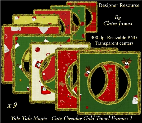 Yule Tide Magic - 9 x Cute Circular Frames With Gold Tinsel 1