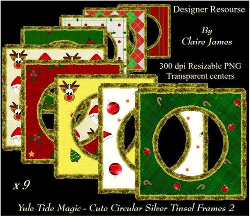 Yule Tide Magic - 9 x Cute Circular Frames With Gold Tinsel 2