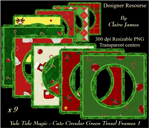 Yule Tide Magic - 9 x Cute Circular Frames With Green Tinsel 1