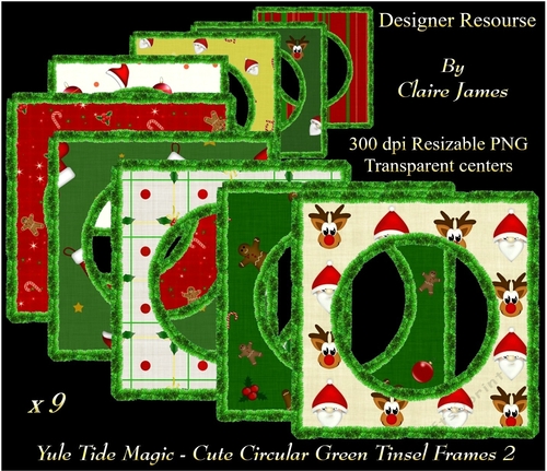 Yule Tide Magic - 9 x Cute Circular Frames With Green Tinsel 2