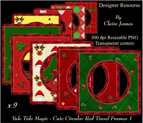 Yule Tide Magic - 9 x Cute Circular Frames With Red Tinsel 1