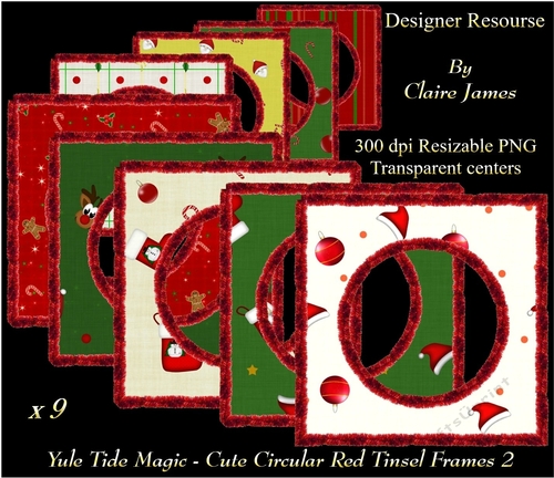 Yule Tide Magic - 9 x Cute Circular Frames With Red Tinsel 2