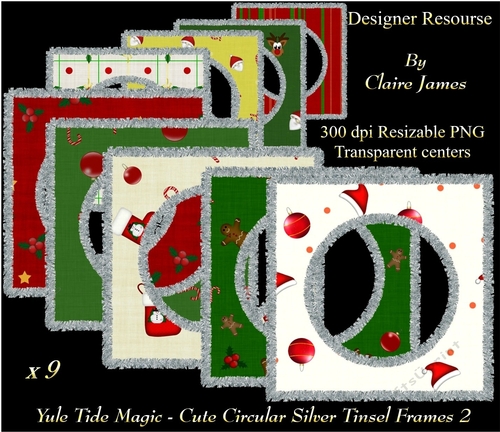 Yule Tide Magic - 9 x Cute Circular Frames With Silver Tinsel 2