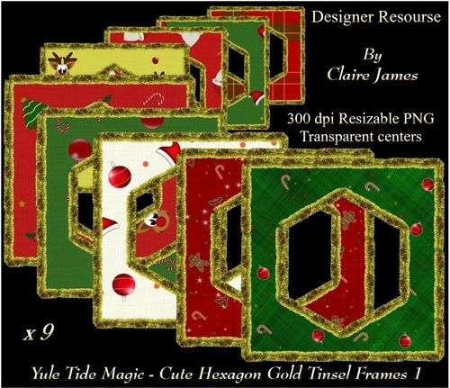 Yule Tide Magic - 9 x Cute Hexagonal Frames With Gold Tinsel 1