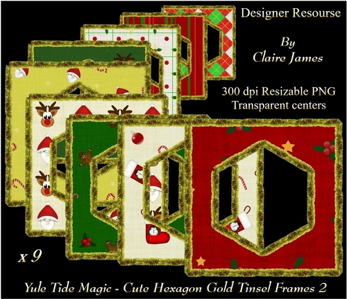 Yule Tide Magic - 9 x Cute Hexagonal Frames With Gold Tinsel 2