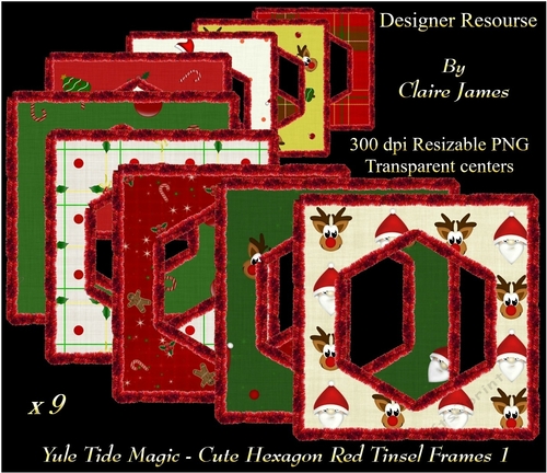 Yule Tide Magic - 9 x Cute Hexagonal Frames With Red Tinsel 1