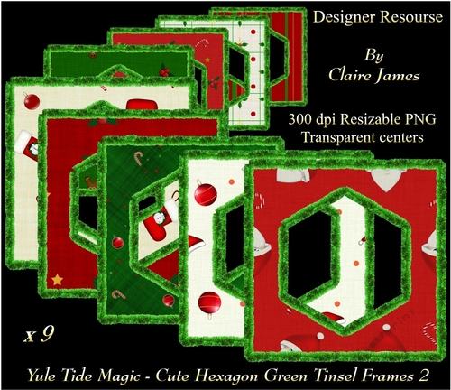 Yule Tide Magic - 9 x Cute Hexagonal Frames With Green Tinsel 2