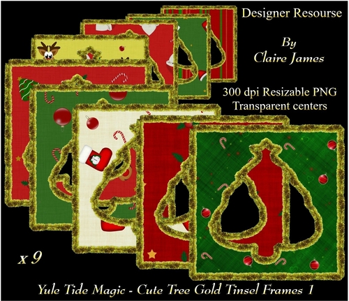 Yule Tide Magic - 9 x Cute Tree Frames With Gold Tinsel 1