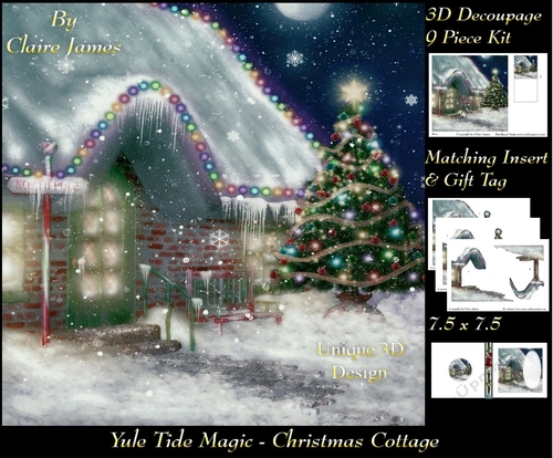 Yule Tide Magic - Christmas Cottage - 3D Decoupage kit + Insert & Gift Tag