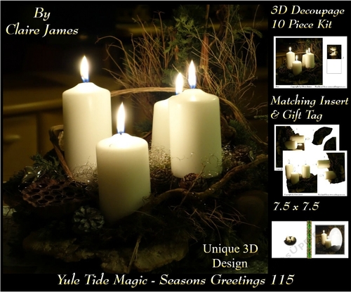 Yule Tide Magic - Seasons Greetings Candles - 3D Decoupage kit + Insert & Gift Tag