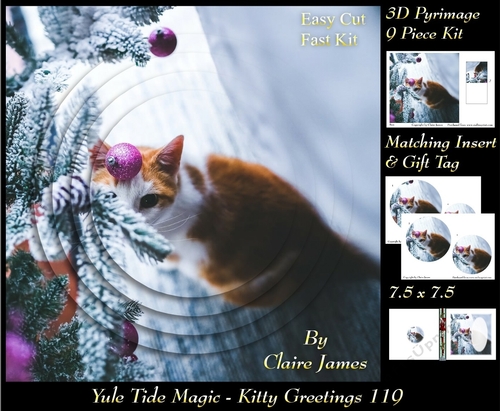 Yule Tide Magic - Kitty Greetings - 3D Pyramid/pyrimage + Insert & Gift Tag