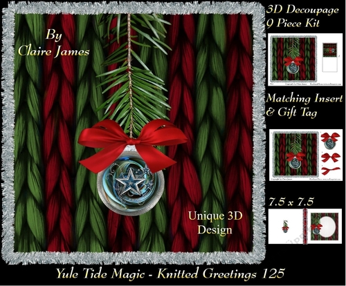 Yule Tide Magic - Knitted Greetings - 3D Decoupage kit + Insert & Gift Tag