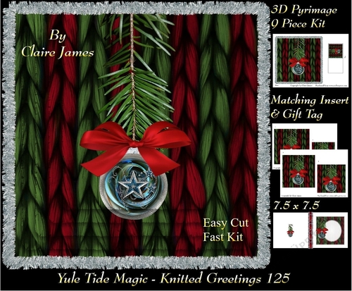 Yule Tide Magic - Knitted Greetings - 3D Pyramid/pyrimage + Insert & Gift Tag